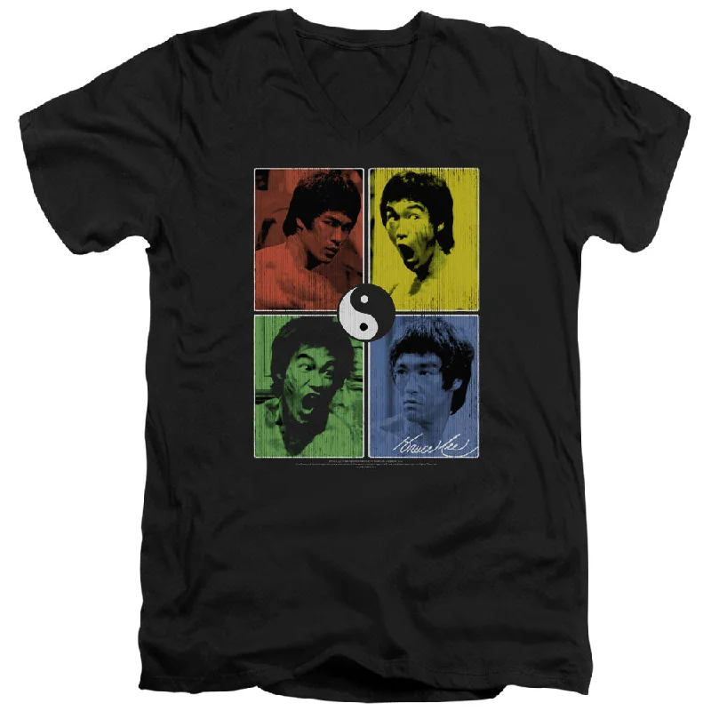Shop and Save Bruce Lee Slim Fit V-Neck T-Shirt Color Block Collage Black Tee