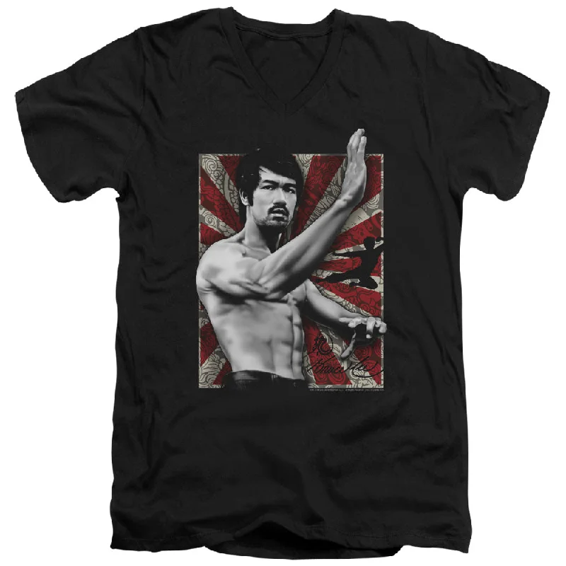 Closeout Bruce Lee Slim Fit V-Neck T-Shirt Stance Portrait Black Tee