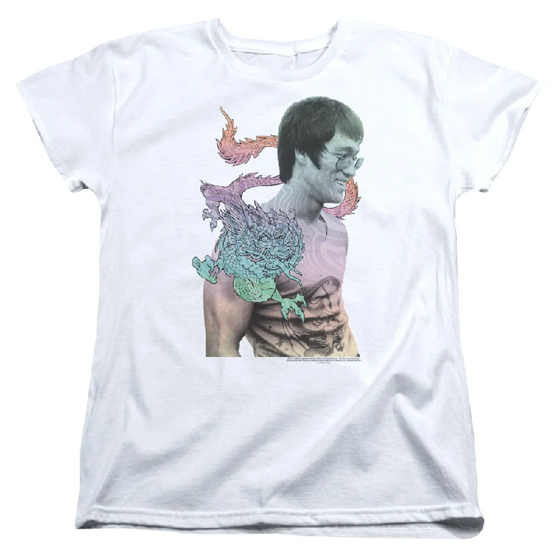 Price Slash Bruce Lee Womens T-Shirt Colorful Dragon Portrait White Tee