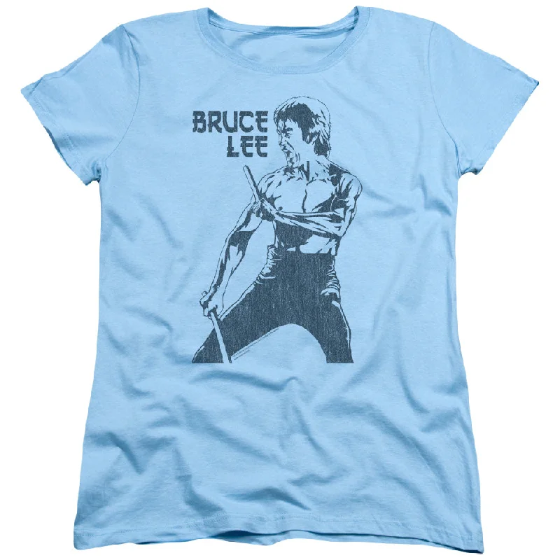 Act Fast Bruce Lee Womens T-Shirt Fighting Stance Sketch Light Blue Tee