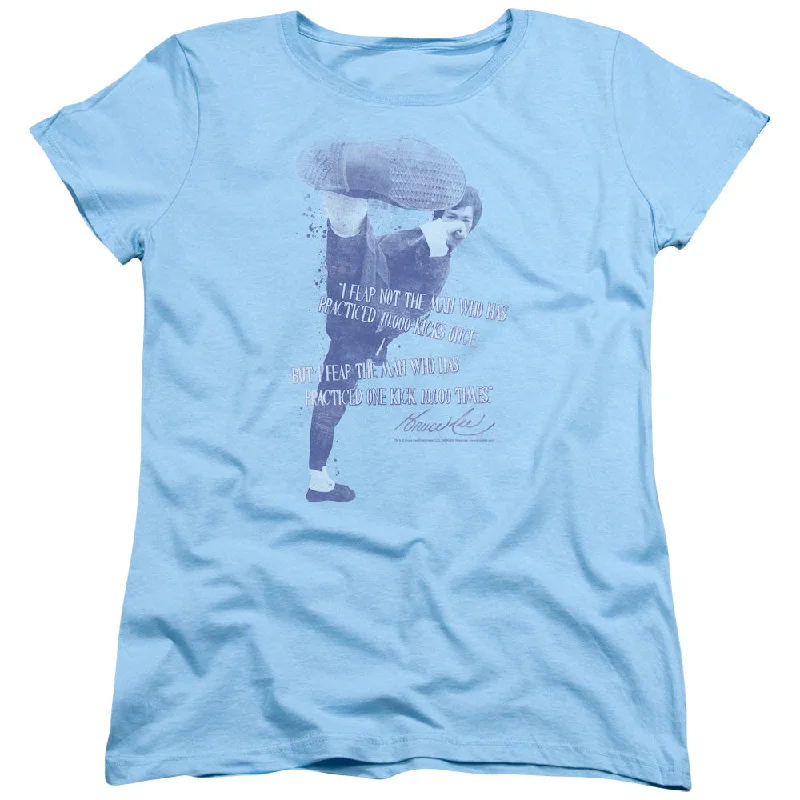 Price Drop Bruce Lee Womens T-Shirt One Kick 10,000 Times Light Blue Tee