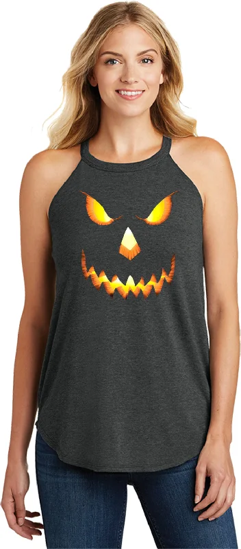 Seasonal Sale Halloween Pumpkin Head Ladies Tri Rocker Tanktop