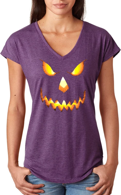 Holiday Sale Halloween Pumpkin Head Ladies Triblend V-Neck Shirt