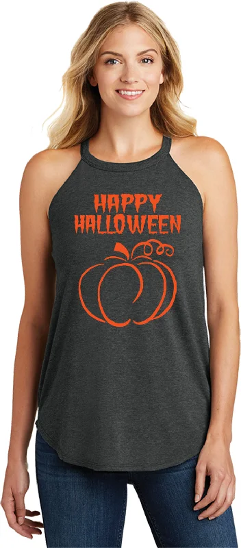 Final Sale Happy Halloween with Pumpkin Sketch Ladies Tri Rocker Tanktop
