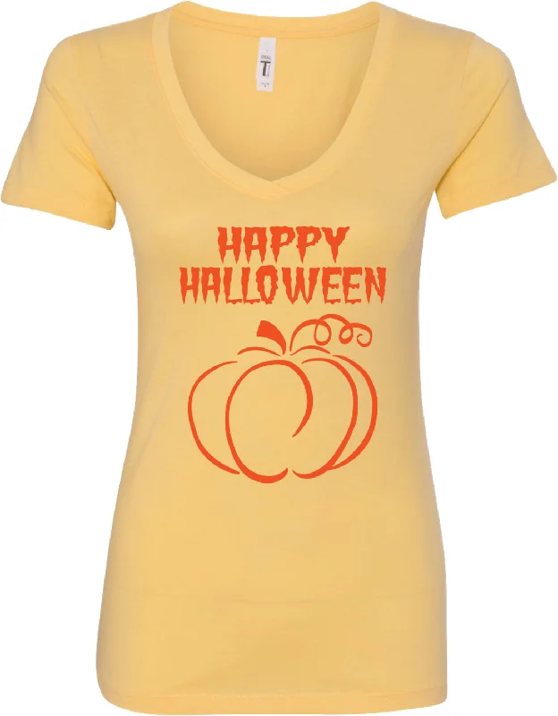 Extra Discounts Happy Halloween with Pumpkin Sketch Ladies V-Neck Shirt