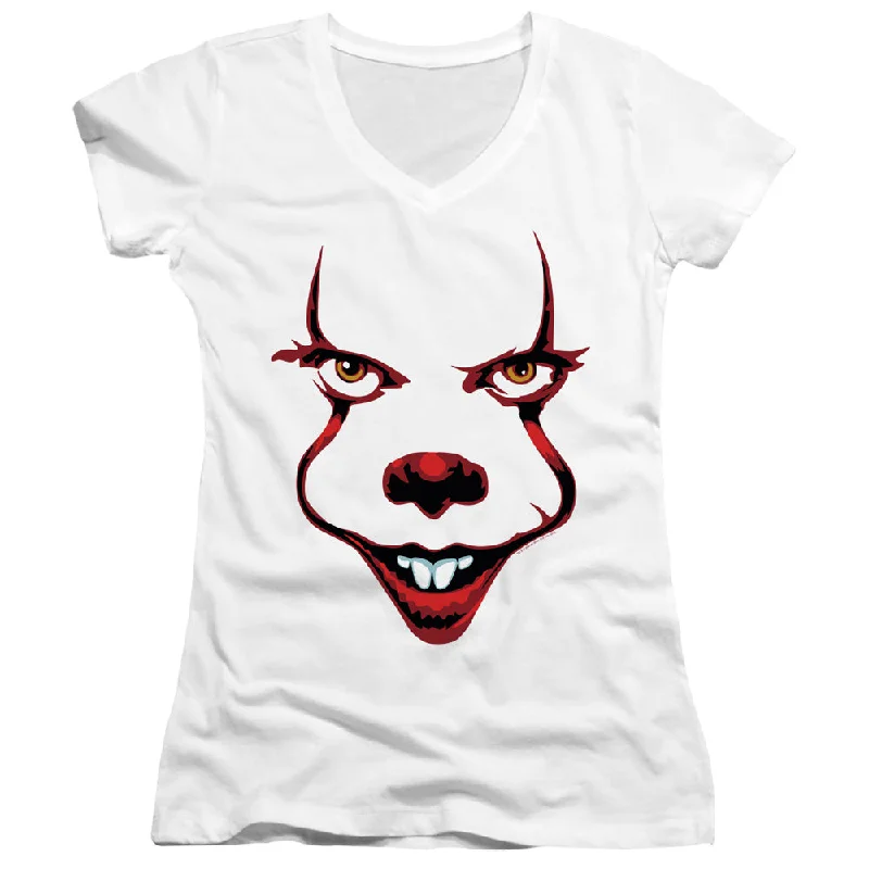 Shop and Save IT Chapter Two Juniors V-Neck T-Shirt Pennywise Face White Tee