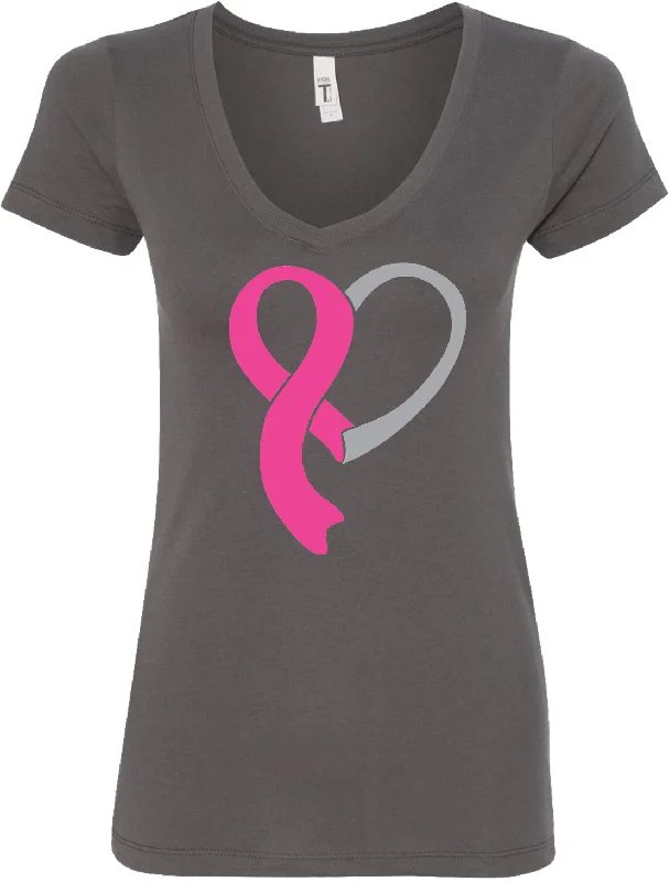 Weekend Special Ladies Breast Cancer Awareness V-Neck Shirt Heart Ribbon