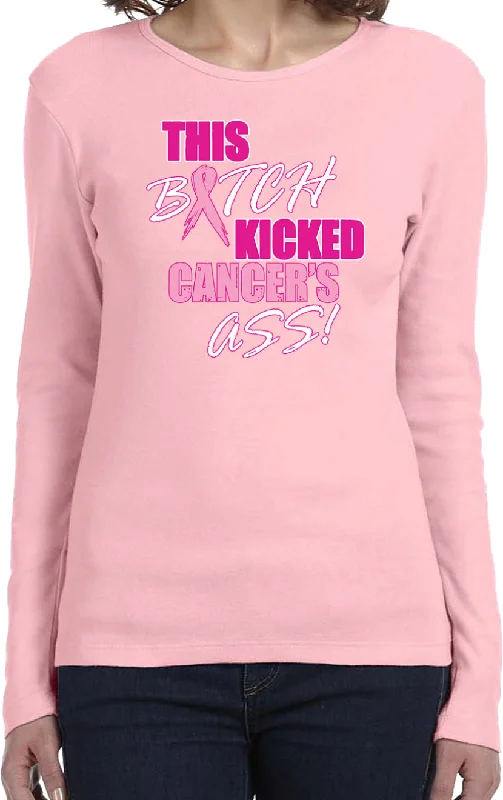 Buy Now Ladies Breast Cancer T-shirt Kicked Cancers Ass Long Sleeve