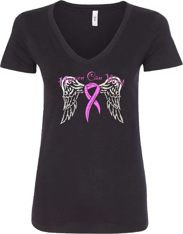 Final Clearance Ladies Breast Cancer  V-Neck Shirt Heaven Can Wait