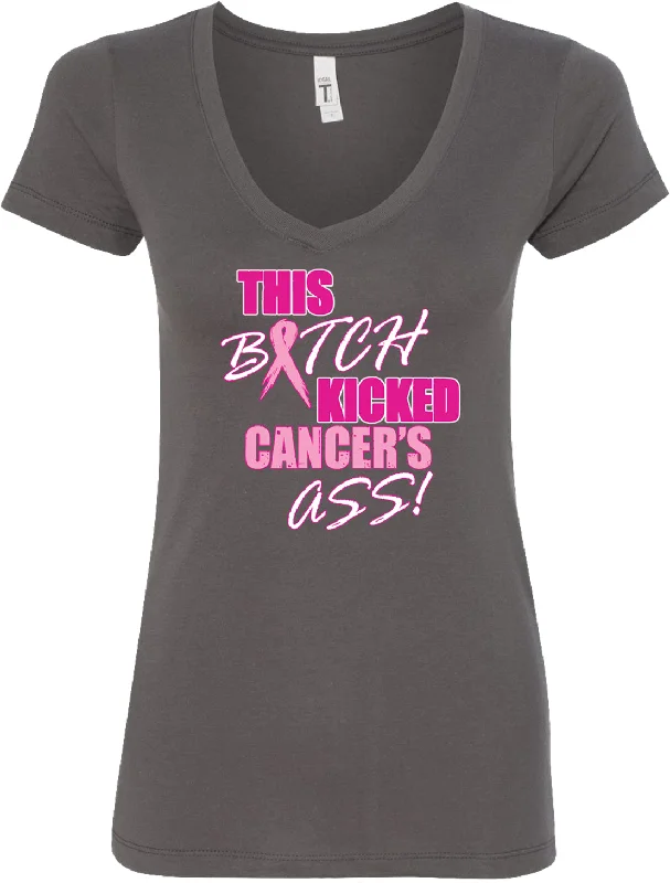 Big Discounts Ladies Breast Cancer V-Neck Shirt Kicked Cancers Ass