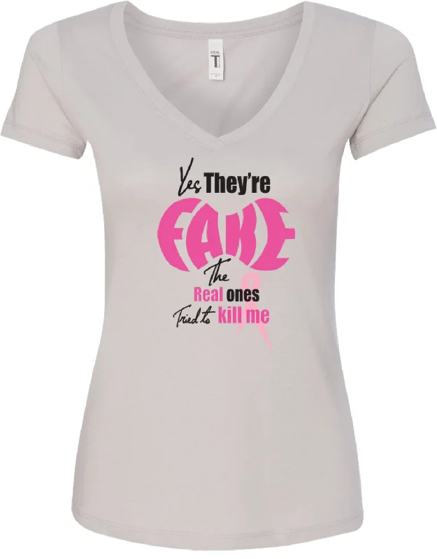Price Rollback Ladies Breast Cancer V-Neck Shirt Yes They're Fake