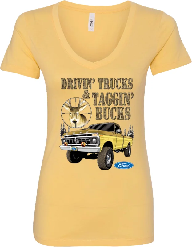 Amazing Deals Ladies Ford F-150 V-Neck Shirt Driving Trucks Tagging Bucks