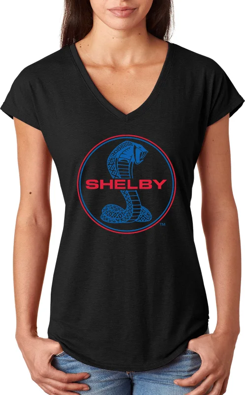 Best Seller Ladies Ford Mustang T-shirt Shelby Blue and Red Logo Triblend V-Neck