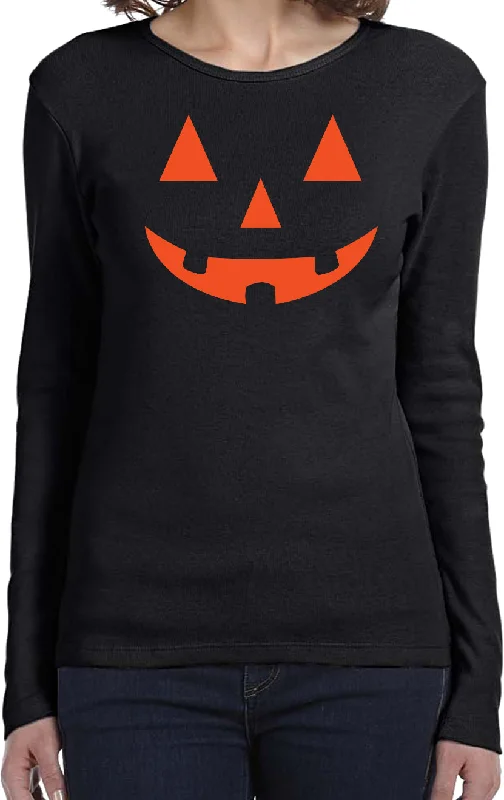 Value Deals Ladies Halloween Long Sleeve Shirt Orange Jack-o-Lantern