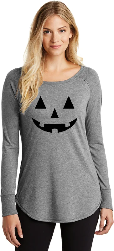 Special Price Ladies Halloween Tri Blend Long Sleeve Shirt Black Jack-O-Lantern