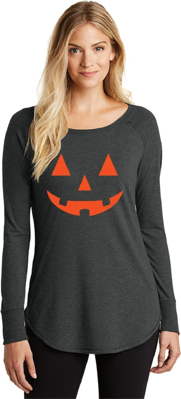 Unbeatable Prices Ladies Halloween Tri Blend Long Sleeve Shirt Orange Jack-o-Lantern