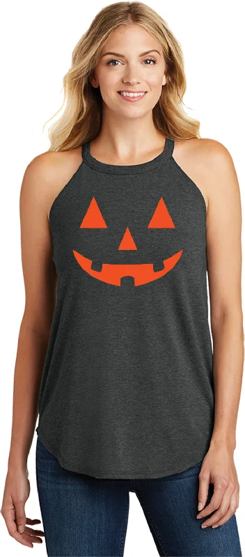 Weekend Deal Ladies Halloween Tri Rocker Tanktop Orange Jack-o-Lantern
