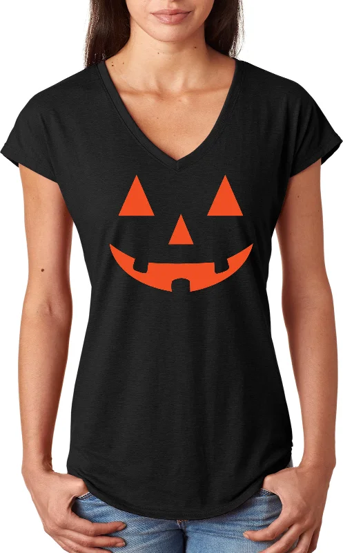 Best Deals Ladies Halloween Triblend V-Neck Shirt Orange Jack-o-Lantern