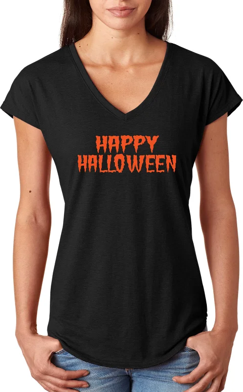Deep Discounts Spooky Happy Halloween Ladies Triblend V-Neck Shirt