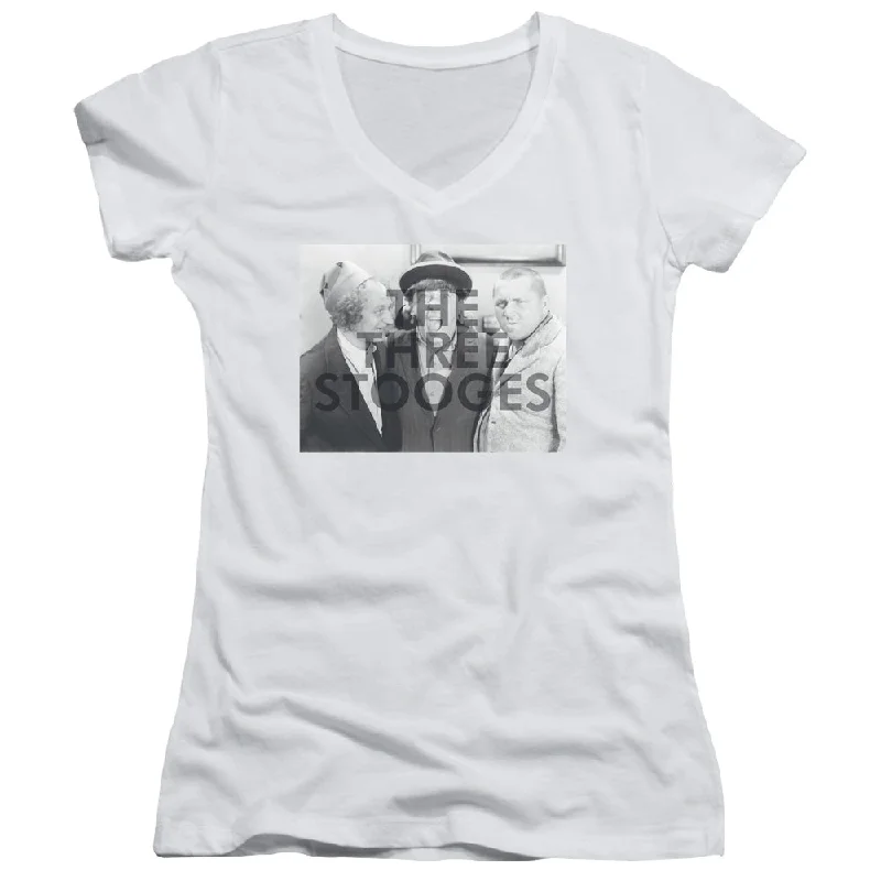 Don't Wait Three Stooges Juniors V-Neck Shirt Watermark White