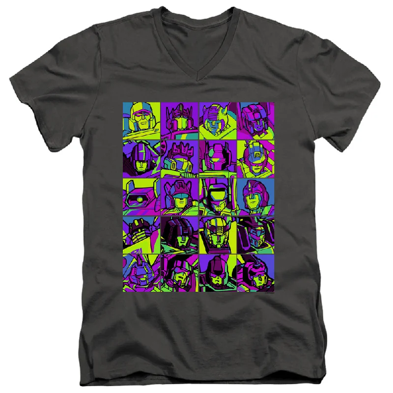 Act Fast Transformers Slim Fit V-Neck T-Shirt Character Faces Charcoal Tee