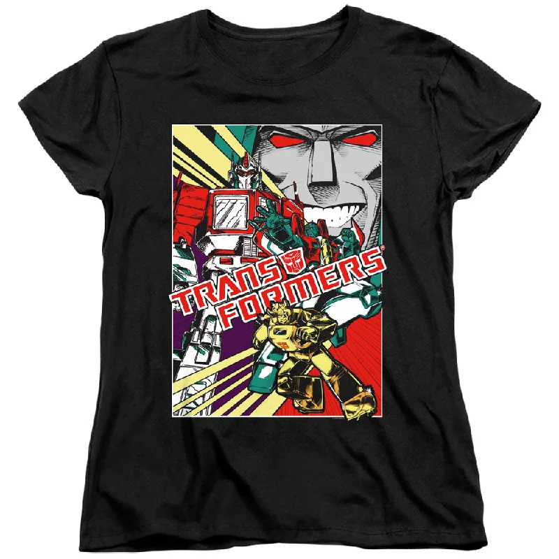 Discount Extravaganza Transformers Womens T-Shirt Comic Poster Black Tee