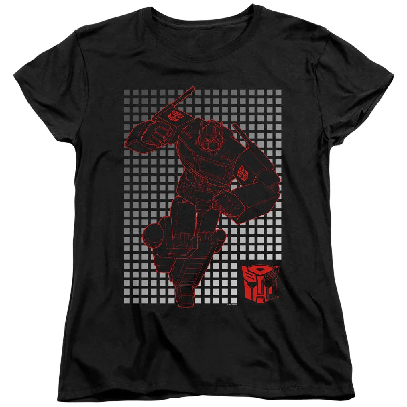 Referral Discount Transformers Womens T-Shirt Optimus Prime Grid Black Tee