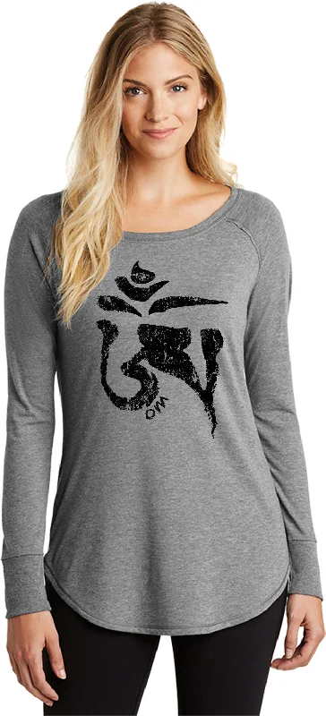 Warehouse Sale Womens Yoga T-shirt Black Tibetan Om Long Sleeve Tunic