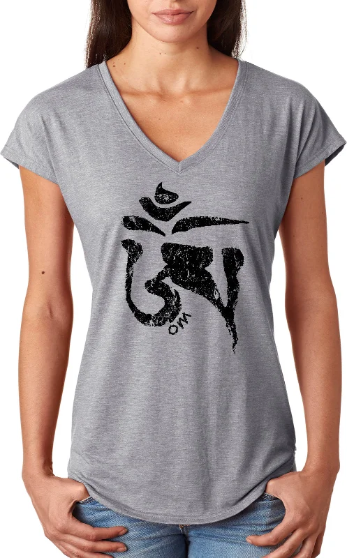 Inventory Reduction Womens Yoga T-shirt Black Tibetan Om Triblend V-neck
