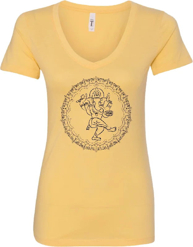 Doorbuster Deal Womens Yoga T-shirt Circle Ganesha Black Print Blended V-neck