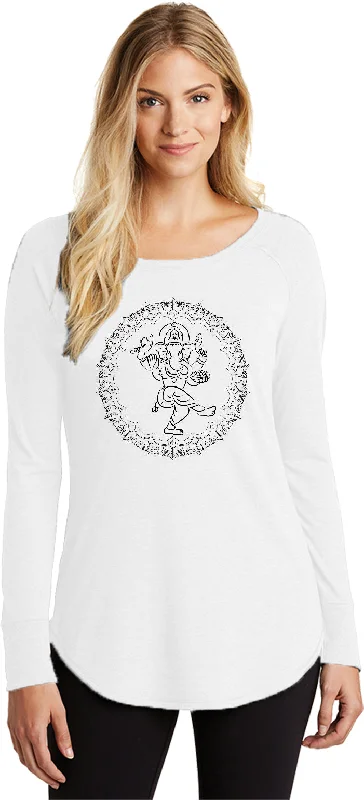Mega Sale Womens Yoga T-shirt Circle Ganesha Black Print Long Sleeve Tunic