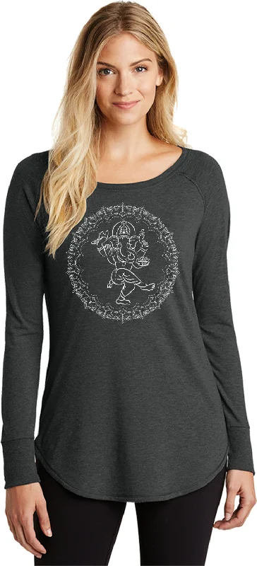 Members Only Womens Yoga T-shirt Circle Ganesha White Print Long Sleeve Tunic