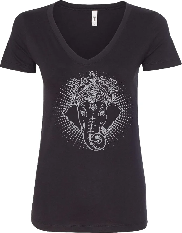 Stock Clearance Womens Yoga T-shirt Iconic Ganesha Blended V-neck