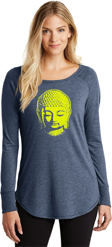 Weekend Deal Womens Yoga T-shirt Neon Yellow Buddha Long Sleeve Tunic