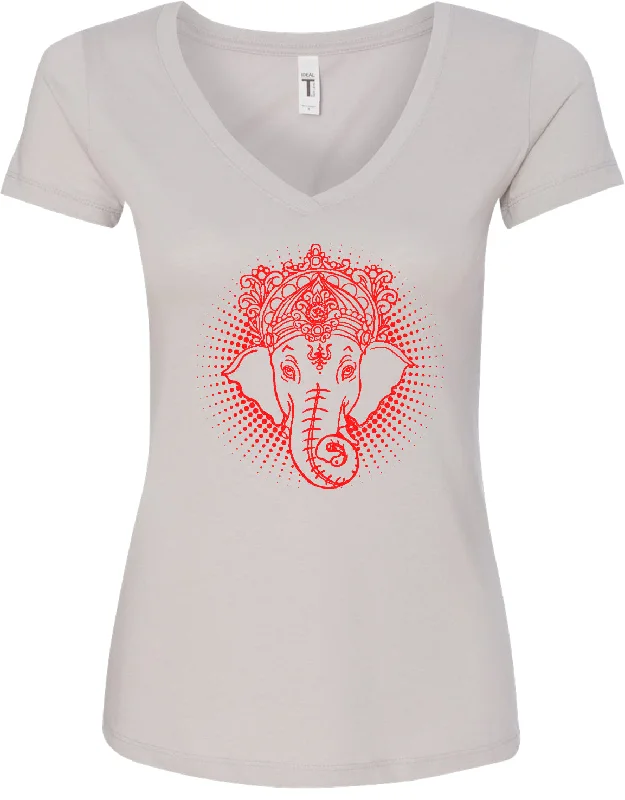 Special Savings Womens Yoga T-shirt Red Iconic Ganesha Blended V-neck
