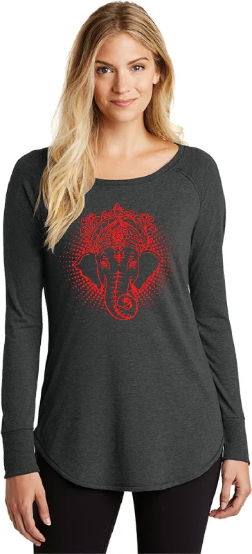 Price Slash Womens Yoga T-shirt Red Iconic Ganesha Long Sleeve Tunic