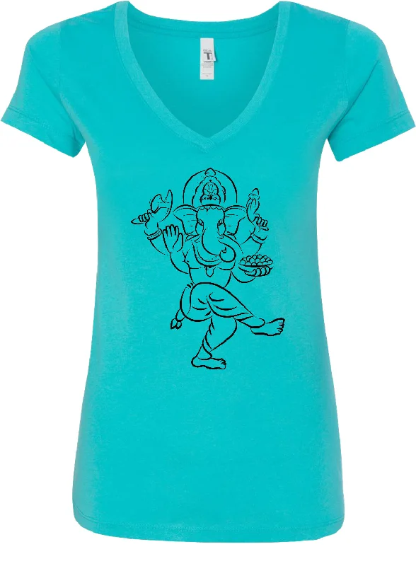 Act Now Womens Yoga T-shirt Sketch Ganesha Black Print Blended V-neck