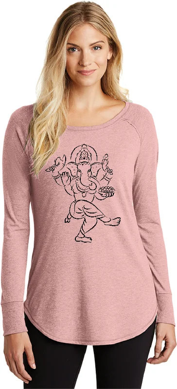 Super Savings Womens Yoga T-shirt Sketch Ganesha Black Print Long Sleeve Tunic