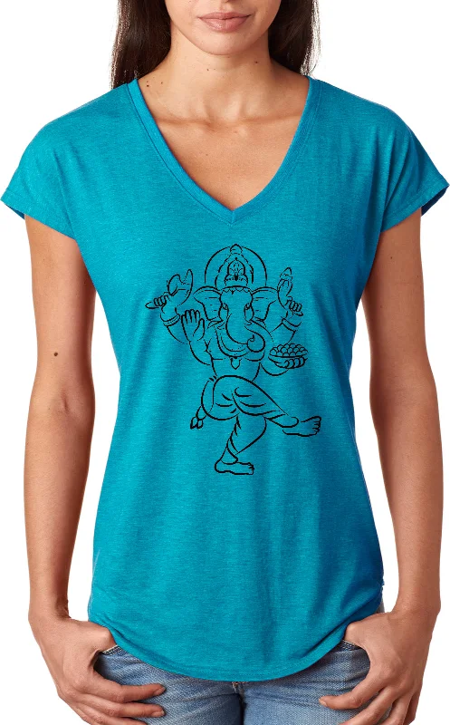 Limited Quantity Womens Yoga T-shirt Sketch Ganesha Black Print Triblend V-neck