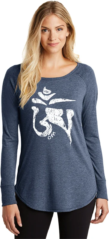 Deal Frenzy Womens Yoga T-shirt White Tibetan Om Long Sleeve Tunic