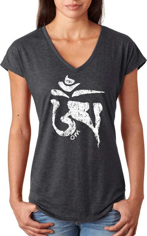 Seasonal Clearance Womens Yoga T-shirt White Tibetan Om Triblend V-neck